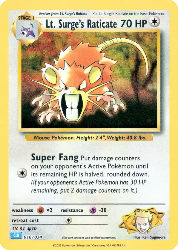 Lt. Surge's Raticate – Pokémon TCG Classic - Blastoise 016/034 Pokémon card