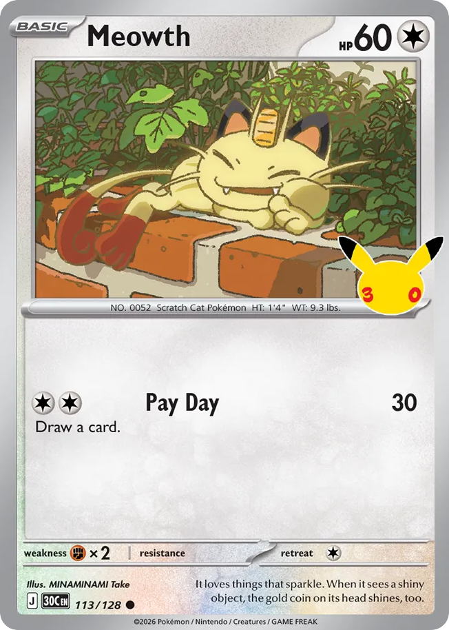 Meowth – 30th Celebration 113/128 Pokémon card