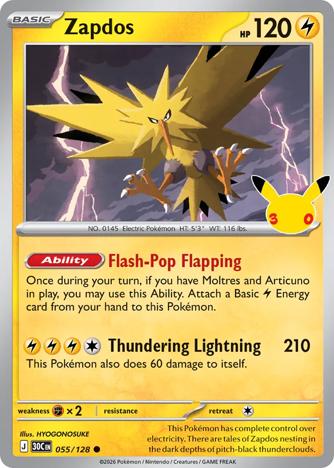 Zapdos – 30th Celebration 055/128 Pokémon card