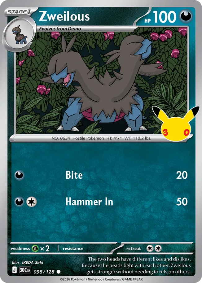 Zweilous – 30th Celebration 098/128 Pokémon card