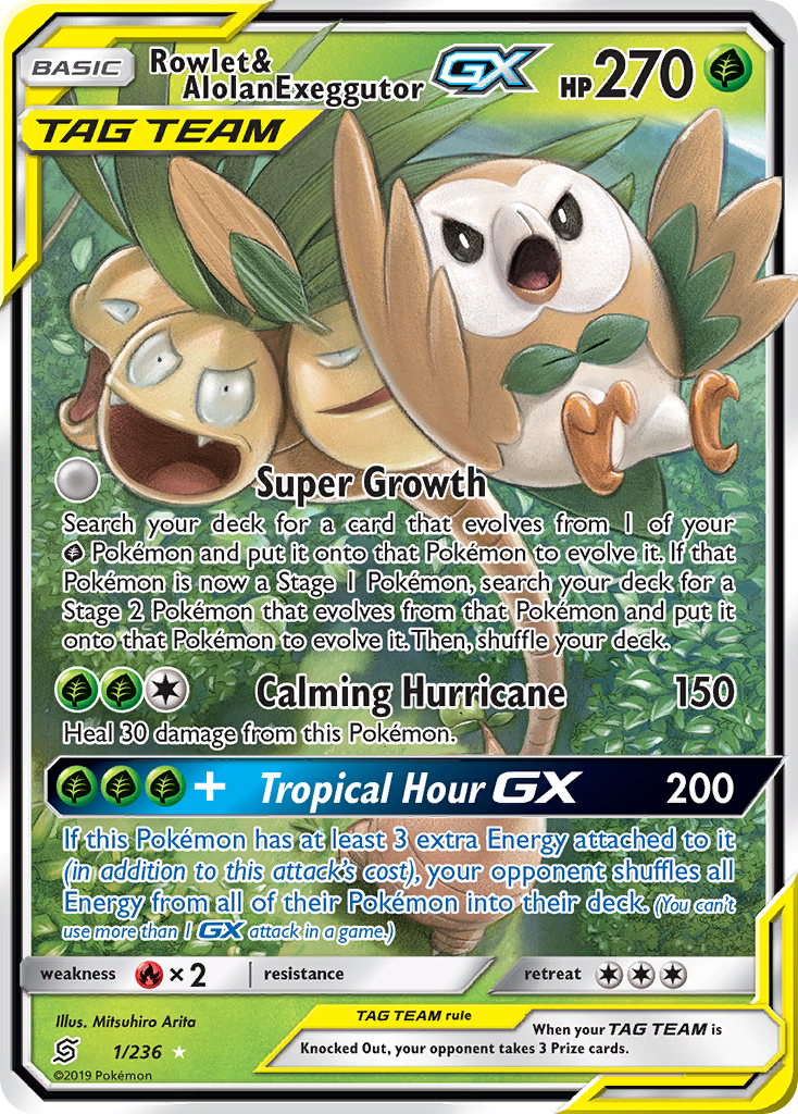 Rowlet & Alolan Exeggutor-GX – Unified Minds 1/236 Pokémon card