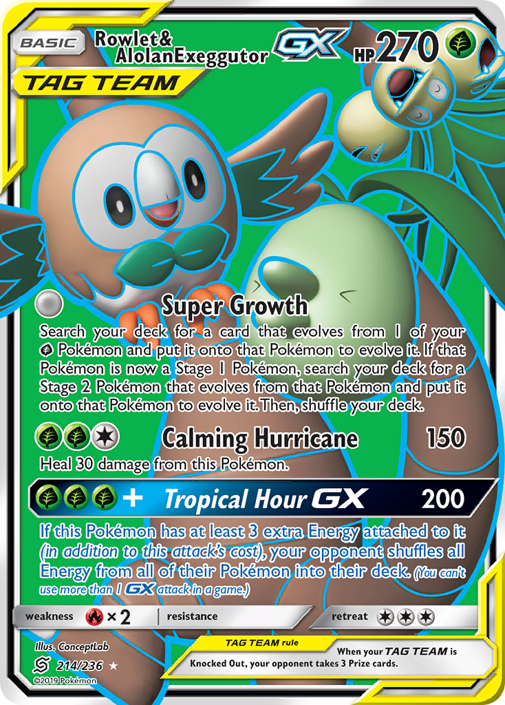 Rowlet & Alolan Exeggutor-GX – Unified Minds 214/236 Pokémon card