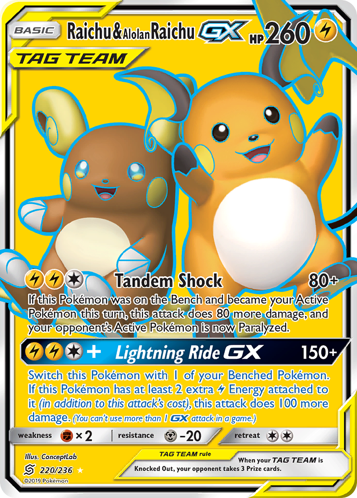 Raichu & Alolan Raichu-GX – Unified Minds 220/236 Pokémon card