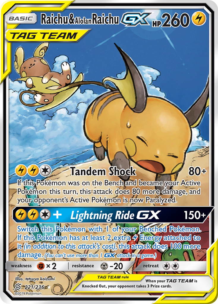 Raichu & Alolan Raichu-GX – Unified Minds 221/236 Pokémon card