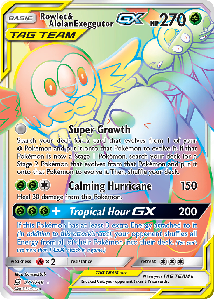 Rowlet & Alolan Exeggutor-GX – Unified Minds 237/236 Pokémon card