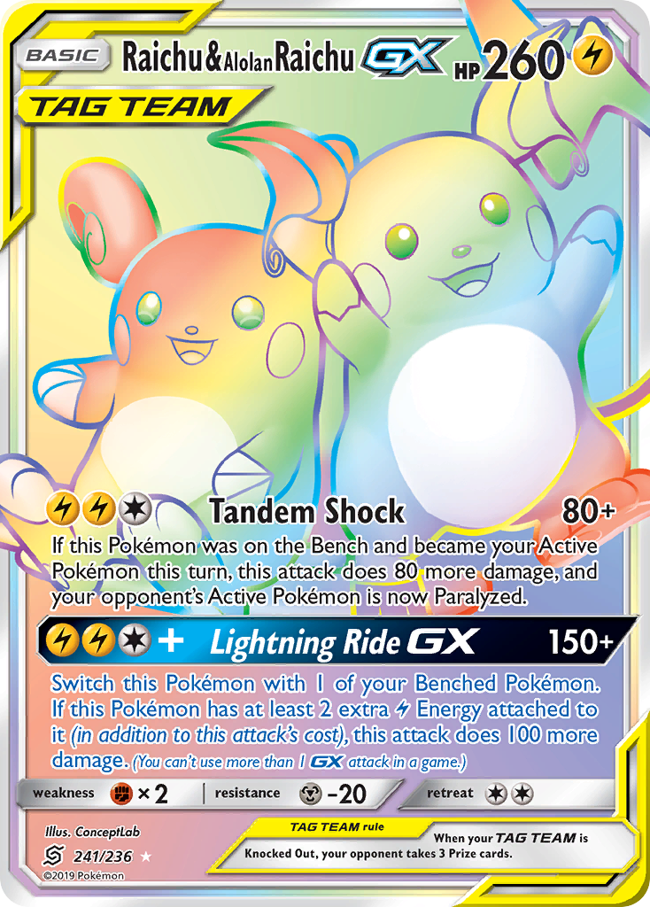 Raichu & Alolan Raichu-GX – Unified Minds 241/236 Pokémon card