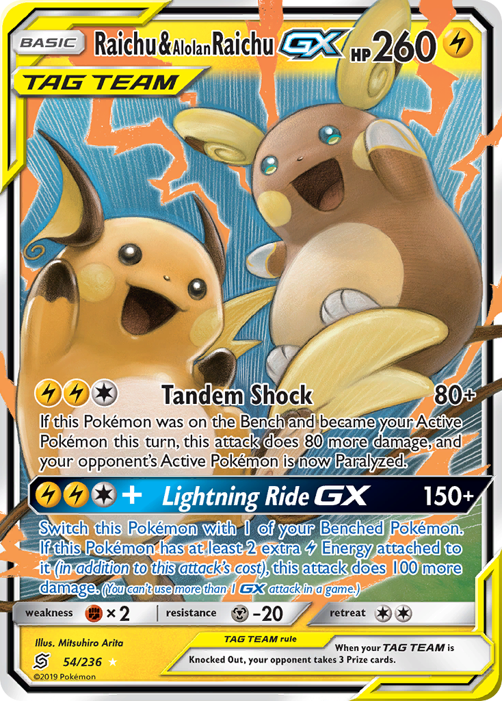 Raichu & Alolan Raichu-GX – Unified Minds 54/236 Pokémon card