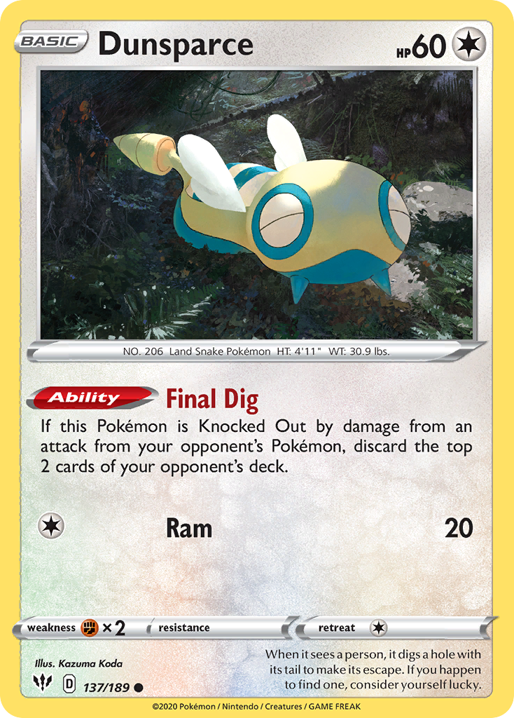 Dunsparce – Darkness Ablaze 137/189 Pokémon card